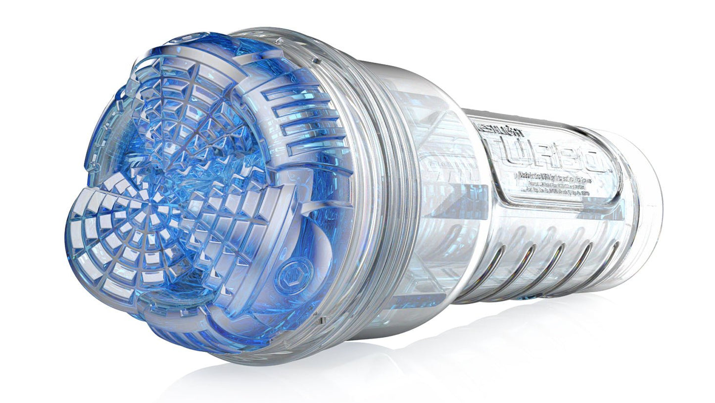 Clear case Fleshlight Turbo Core male sex toy triple-entry design